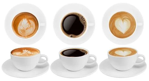 Top view and side view coffee cup collection, coffee cup assortment with shap Stock Photos