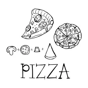 Top view and slice of delicious Italian pizza. Doodle illustration. Stock Illustration