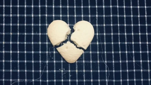 Top view animation broken heart cookie splitted by lightning Stock Footage 100785911