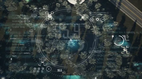 Top view animation with flying robotic ai drones around forest and searching Stock Footage 249552531
