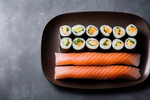 Top view of appetizing sliced salmon sashimi served on plate with sushi rol.. Stock Photos