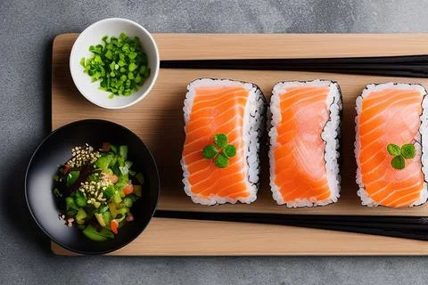 Top view of appetizing sliced salmon sashimi served on plate with sushi rol.. Stock Photos