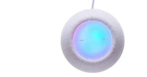 Top view of An Apple White Homepod Mini with Siri functioning. Video stock 145178601
