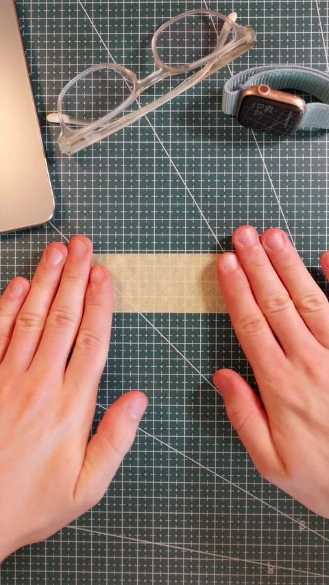 Top view of applying text placeholder tape near notebook, glasses and smart.. Stock Footage 338183555