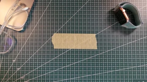 Top view of applying text placeholder tape near notebook, glasses and smart.. Stock Footage 338183854