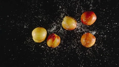 TOP VIEW: Apricots fall in a water, splashing - Slow motion Vídeos de archivo 115319333
