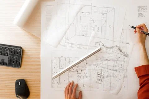 Top view of architect drawing on architectural project Stockfoto's