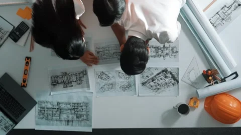 Top view of architect engineer place document at meeting table. Alimentation. Stock Footage 270207636