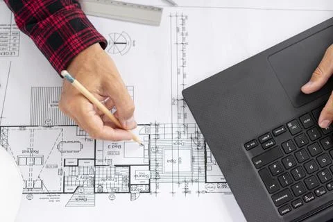 Top view architect working his project. High quality and resolution beautiful Stock Photos