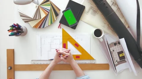 Top view of architects hands on blueprint Stock Footage 63965283