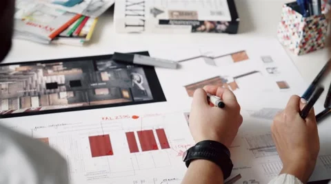 Top view of architects hands drawing of modern house with material sample Видео 57208485