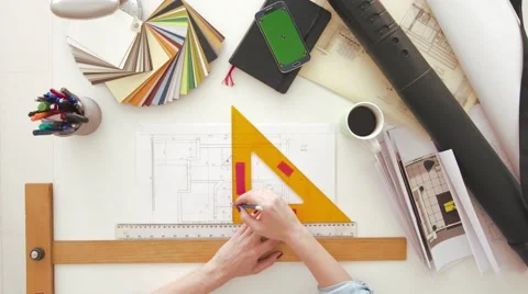 Top view of architects hands drawing on blueprint Stock Footage 63965186