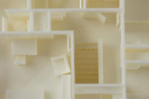 Top view of architectural 3D model of the house interior with furniture, doors Stock Photos