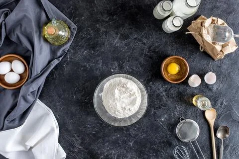 Top view arranged kitchenware ingredients 스톡 사진