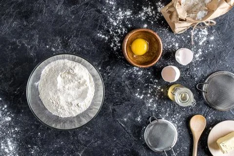 Top view arranged kitchenware ingredients Stock Photos