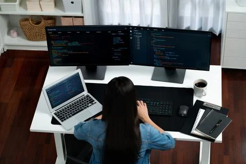 Top view Asian IT creating with typing online information on pc. Stratagem. Stock-Fotos