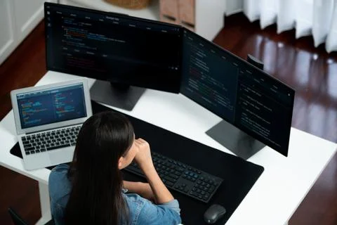 Top view Asian IT creating with typing online information on pc. Stratagem. Stock-Fotos