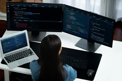 Top view Asian IT creating with typing online information on pc. Stratagem. Stock Photos