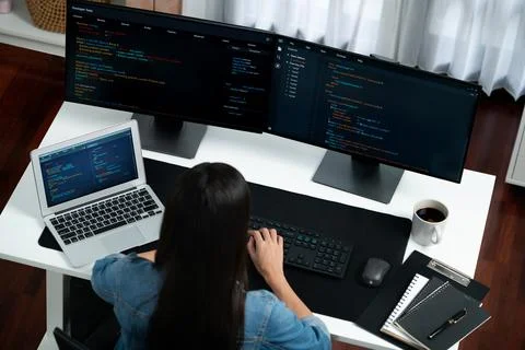 Top view Asian IT creating with typing online information on pc. Stratagem. Foto stock