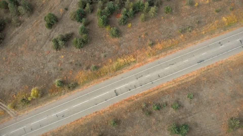 Top view of asphalt road or suburban highway with car traffic among yellow Stock Footage 95111087