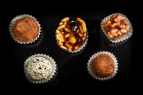 Top view on assorted different types of healthy useful handmade candies 写真素材