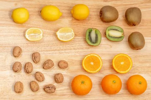 Top view of assorted fruit and nuts Stock Photos