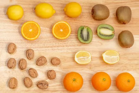 Top view of assorted fruit and nuts Stock Photos