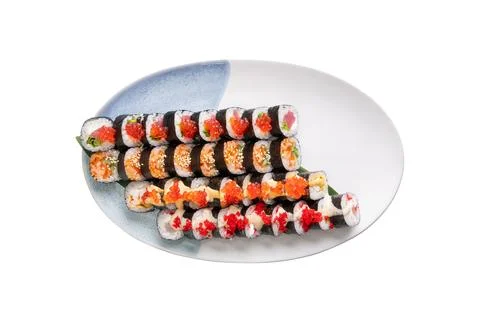 Top view of assorted maki sushi rolls with caviar, fish and avocado Stockfoto's