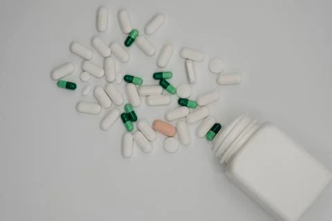 Top view of assorted Pharmaceutical medicine pills, capsules and tablets Stock Photos