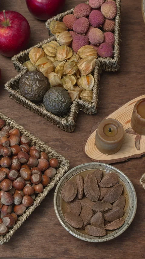 Top view of assortment nuts and fruits. Christmas snacks. Stock Footage 284313341