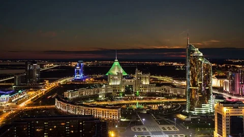 Top view of Astana. Day to Night TimeLapse transition. Kazakhstan landmarks Stock Footage