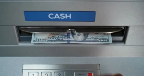 Top View on ATM Machine Dispensing Dollar Bills, Cash Withdrawal Transaction Vidéo 309285027