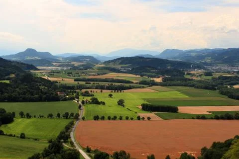 Top view of the Austrian fields and mountains Stock Photos