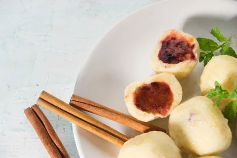 Top view of austrian sweet dough dumplings in white plate Fotos Stock