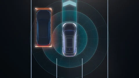 Top View Autonomous Car Sensors Monitoring Traffic Moving Bottom to Top Stock Footage 339594796