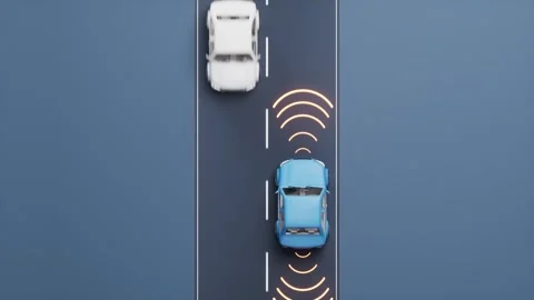 Top view of autonomous electric car driving on highway with sensor scanning.. Stock Footage 332337715