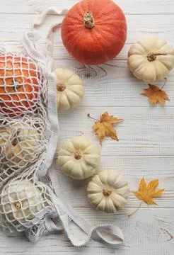 Top view autumn composition with pumpkins in mesh shopping bag Stock Photos