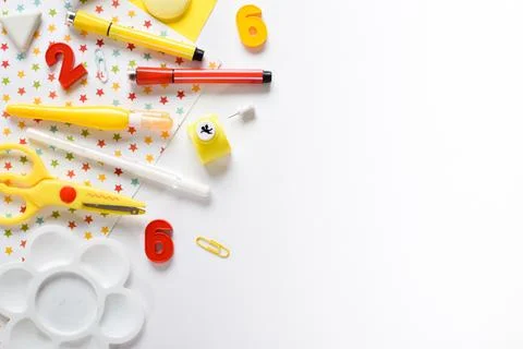 Top view Background with red and yellow stationery. Go back to school. Space  Stock Photos