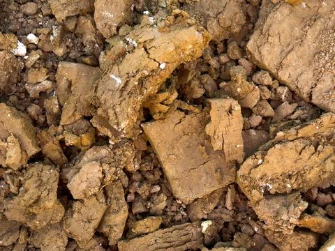 Top view background texture of dry brown clay soil and clods of earth Stock Photos
