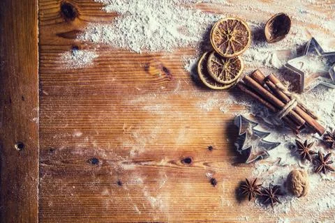 Top of view bakery table full of christmas aromatic ingredients Stock Photos