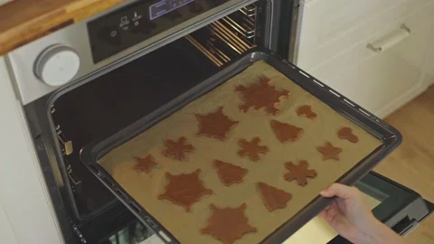 Top view of Baking Christmas Gingerbread cookies in the oven Cooking in the oven Stock Footage 196077337