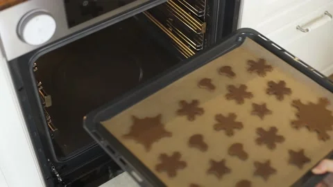 Top view of Baking Christmas Gingerbread cookies in the oven Cooking in the oven Stock Footage 211016965