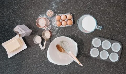 Top view, baking product and kitchen counter with eggs, flour and butter Stock Photos