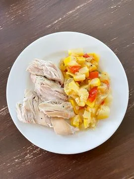 Top view of balanced meal with boiled chicken breast and potato vegetable s.. Stock Photos