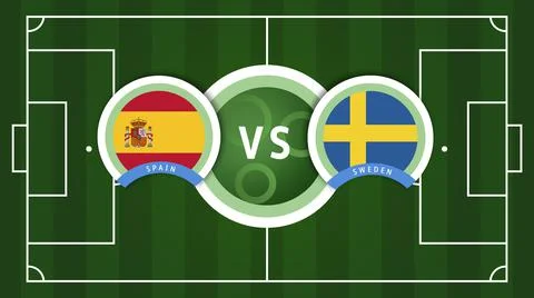 Top view ball with Spain vs. Sweden flags match on green football field Illustrazione stock