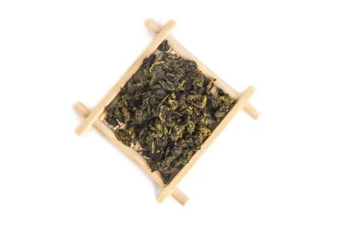 Top view of bamboo serving tray with Tie Guan Yin Oolong tea Foto stock