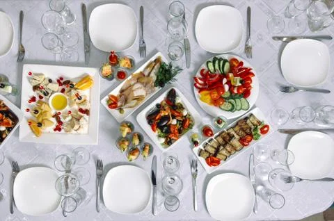 Top view of a banquet table. Stock Photos