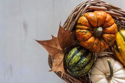 Top view of Basket with pumpkins on rustic table Stock Photos