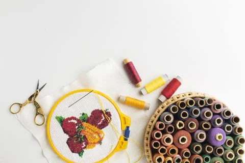 Top view basket with sewing threads fruit sewed design Stock Photos