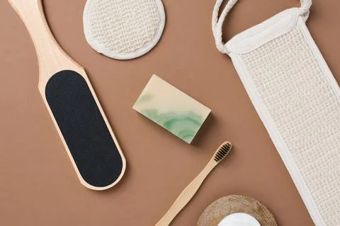 Top view of bathroom tools and organic cosmetic products Stock Photos